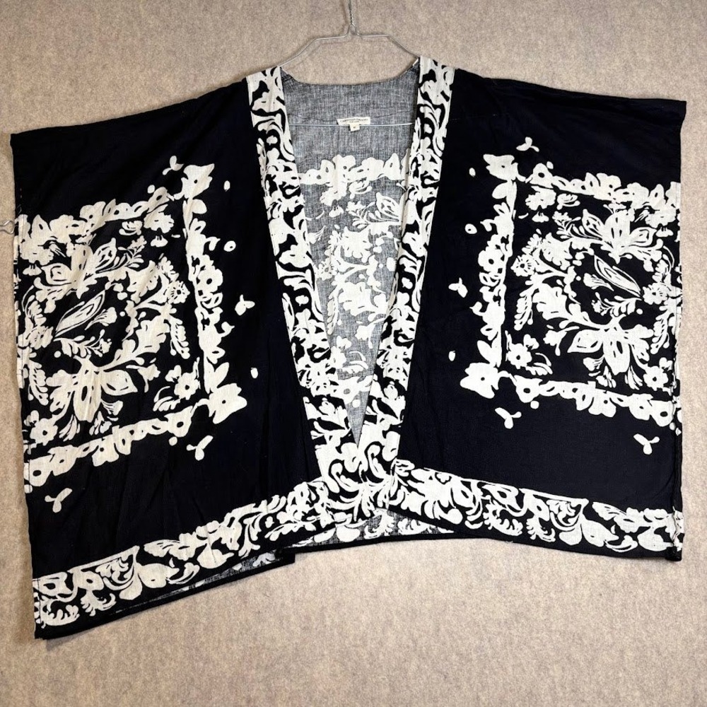 Christian Siriano Kimono Wrap Top Wmns M Black Linen Blend Floral Boho Chic NEW